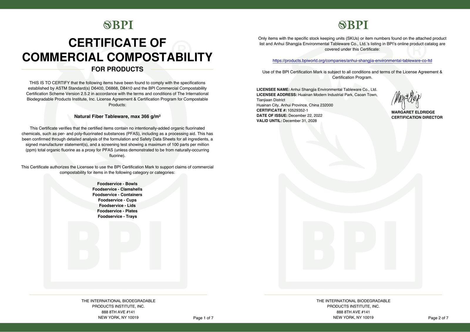 BPI Commercial Compostability Certificate