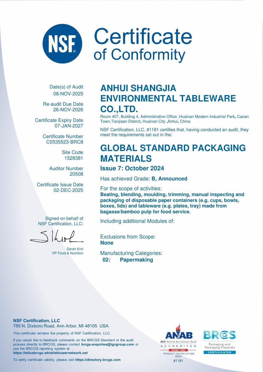 NSF BRCGS Packaging Materials Certificate